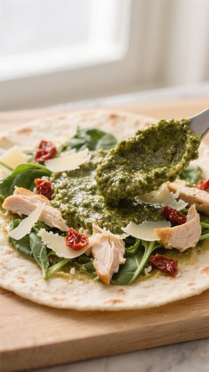 Close-up detail: Thick, glossy pesto-chicken filling being spread in a thin, even layer over a warme