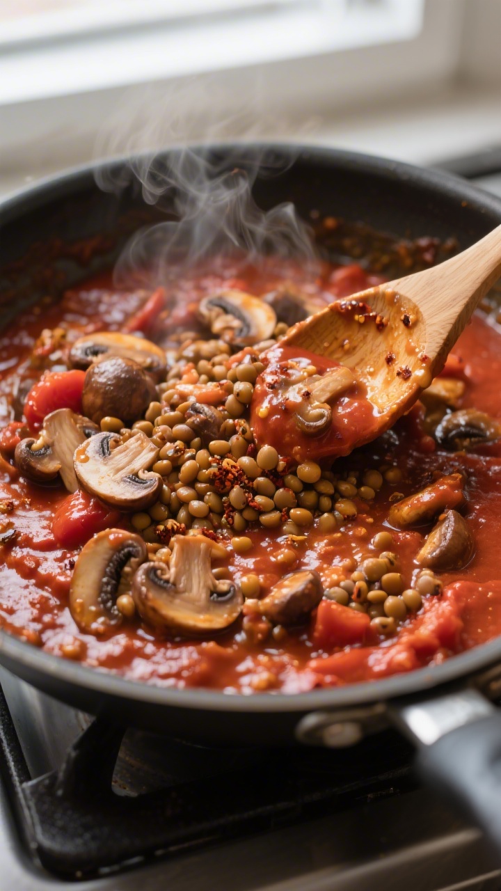 Close-up detail: Thick, glossy vegan sloppy joe filling simmering in a wide stainless skillet, showi