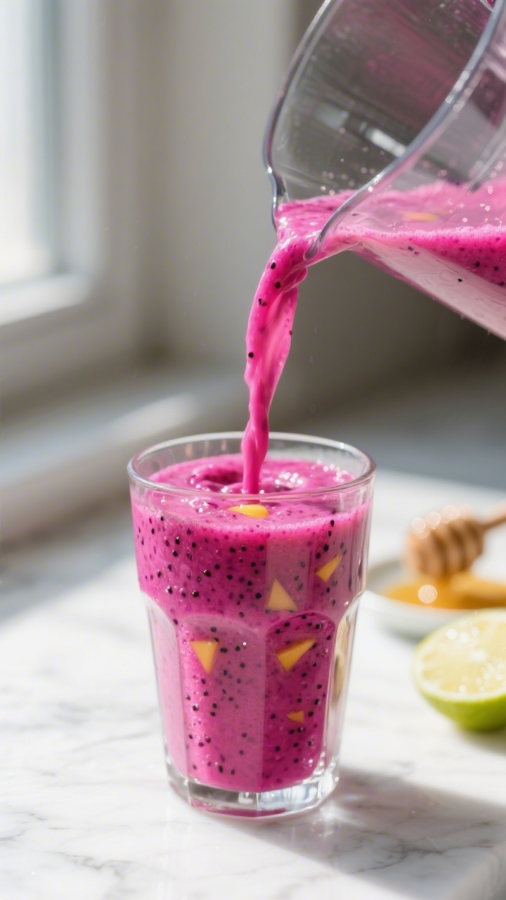 Close-up detail: Thick, silky dragon fruit smoothie mid-pour from blender into a chilled clear glass