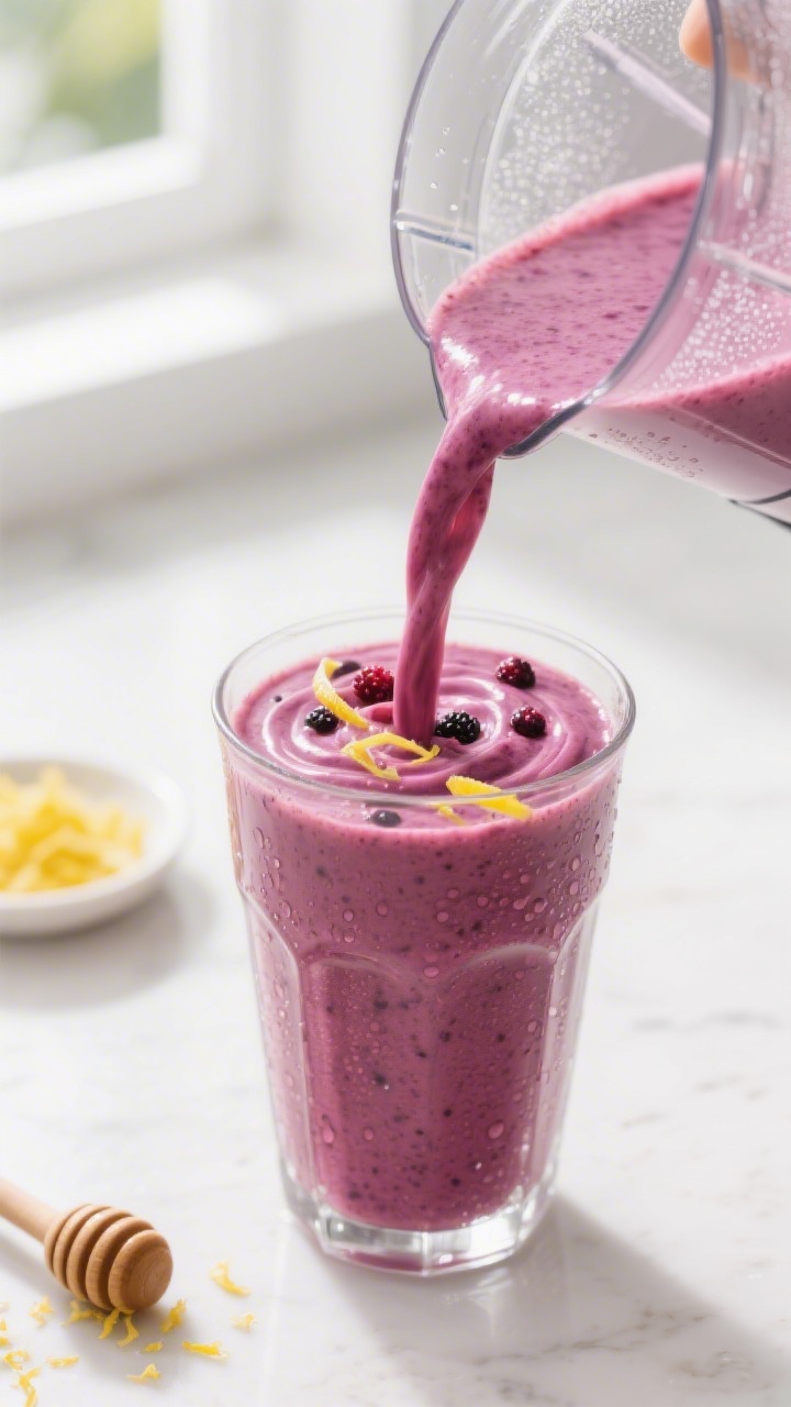 Close-up detail: Thick, velvety Lemon Berry Smoothie mid-pour from a blender into a chilled clear gl