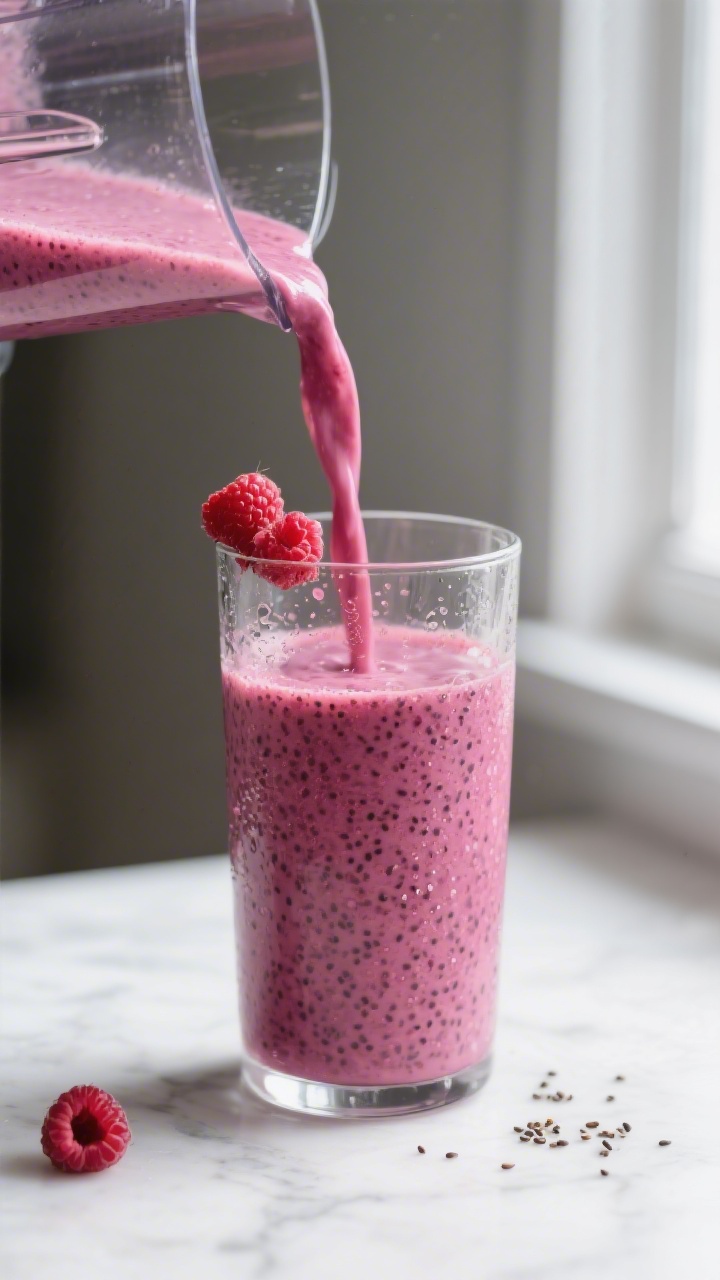 Close-up detail: Thick, velvety raspberry chia smoothie mid-pour from a blender into a chilled clear