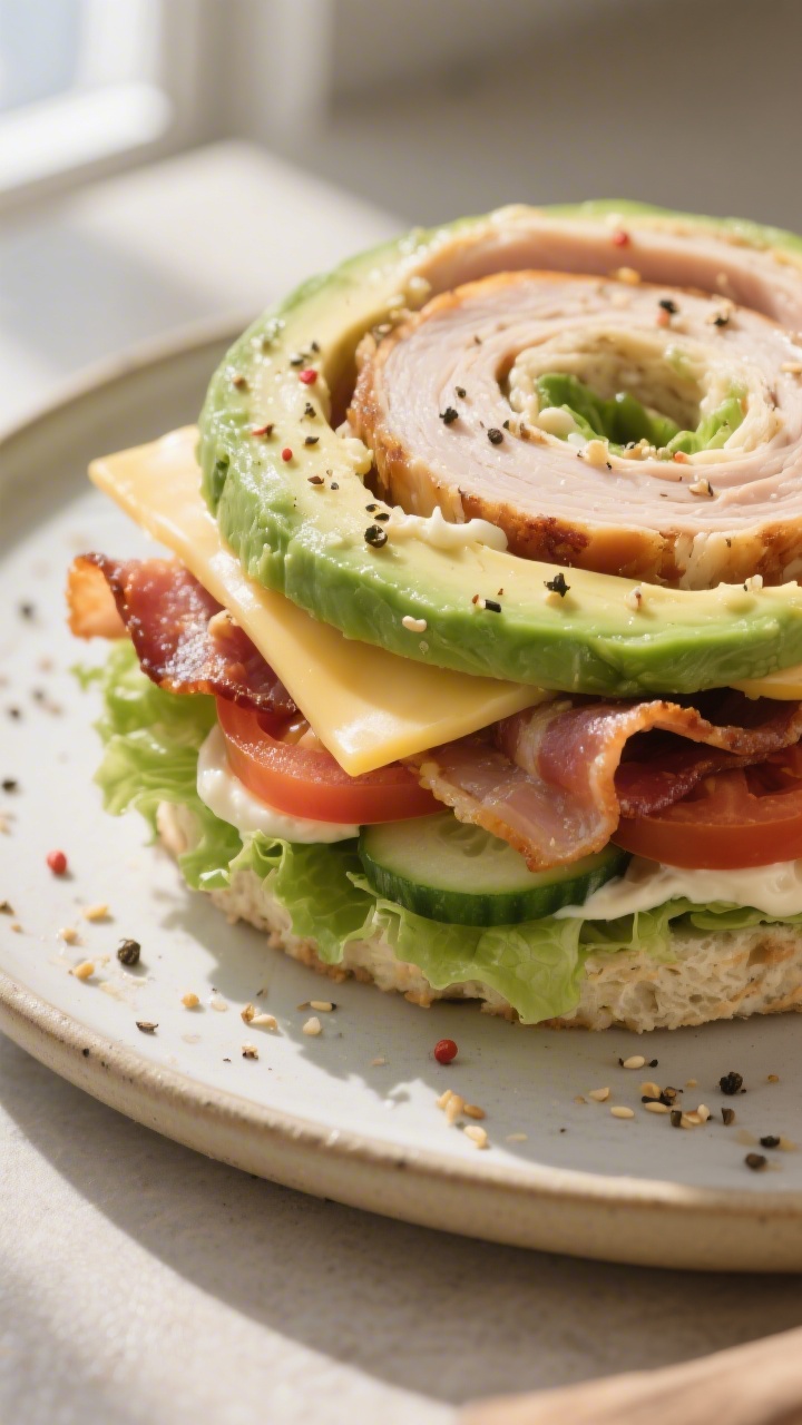 Close-up detail: Tight macro of a sliced turkey club roll-up pinwheel, showing distinct layers of me