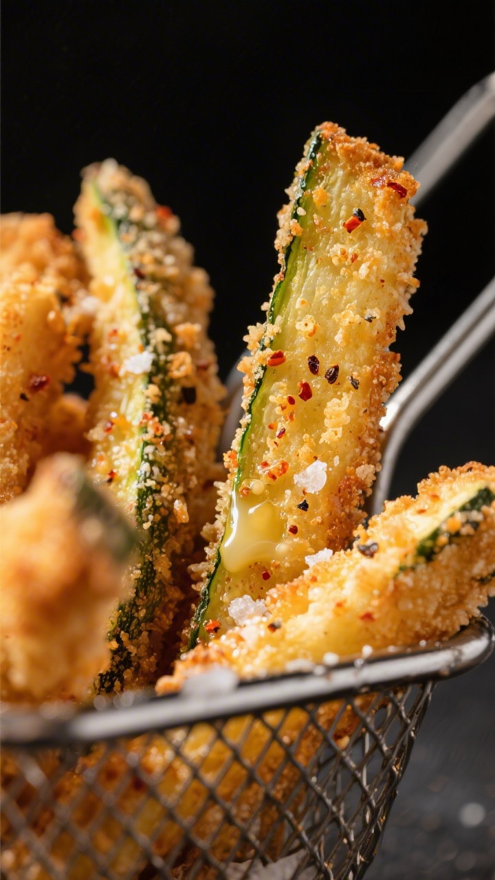Close-up detail: Ultra-crisp air-fried Parmesan zucchini fries just out of the basket at 400°F, gol