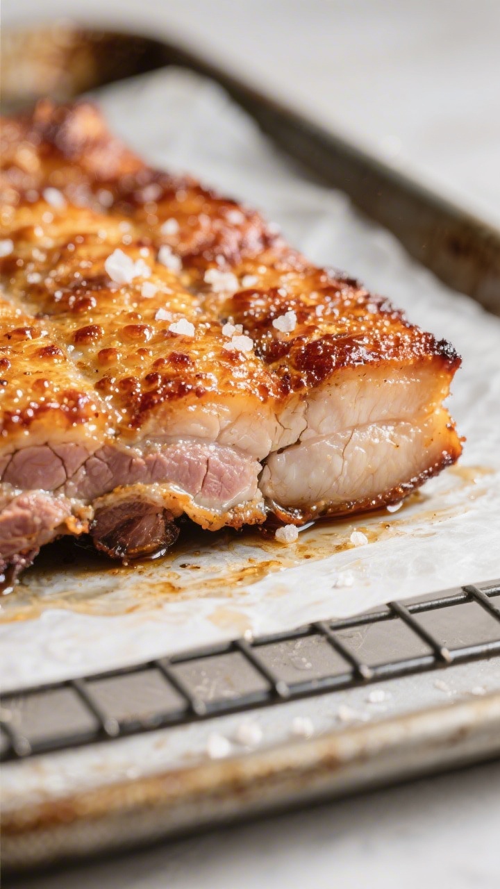 Close-up detail: Ultra-crisp pork belly crackling fresh from the oven, skin puffed and blistered wit