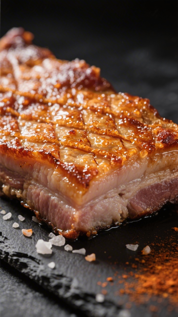 Close-up detail: Ultra-crisp pork belly crackling skin blistered and puffed, crosshatched scoring cl