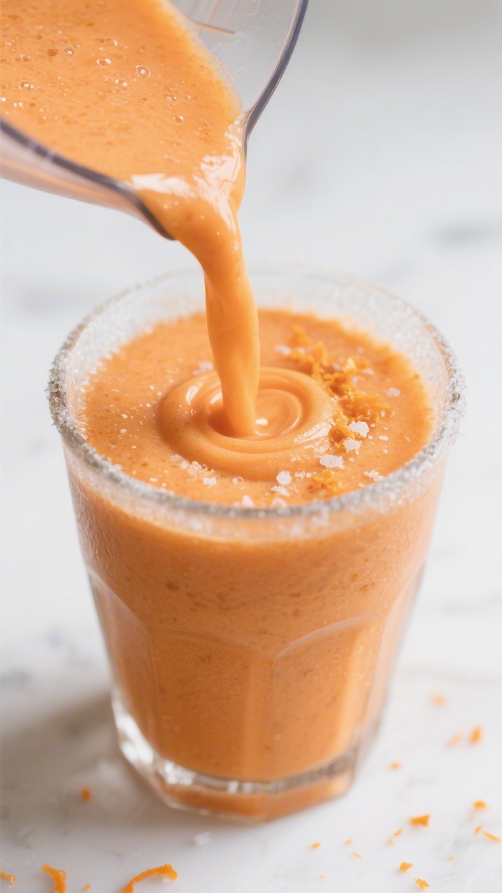 Close-up detail: Ultra-smooth Orange Carrot Smoothie being poured from a blender into a chilled clea