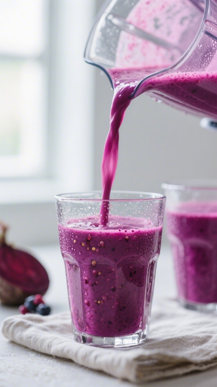 Close-up detail: Vibrant Beetroot Berry Smoothie being poured from a blender into a chilled clear gl