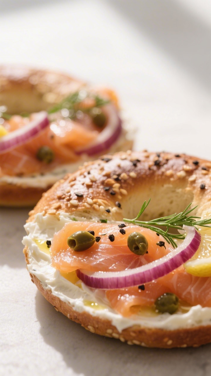 Close-up detail: Warm, freshly toasted everything bagel halves smeared edge-to-edge with whipped cre