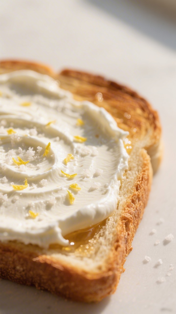 Close-up detail: Warm, golden-brown sourdough toast just out of the toaster with a thick, silky laye