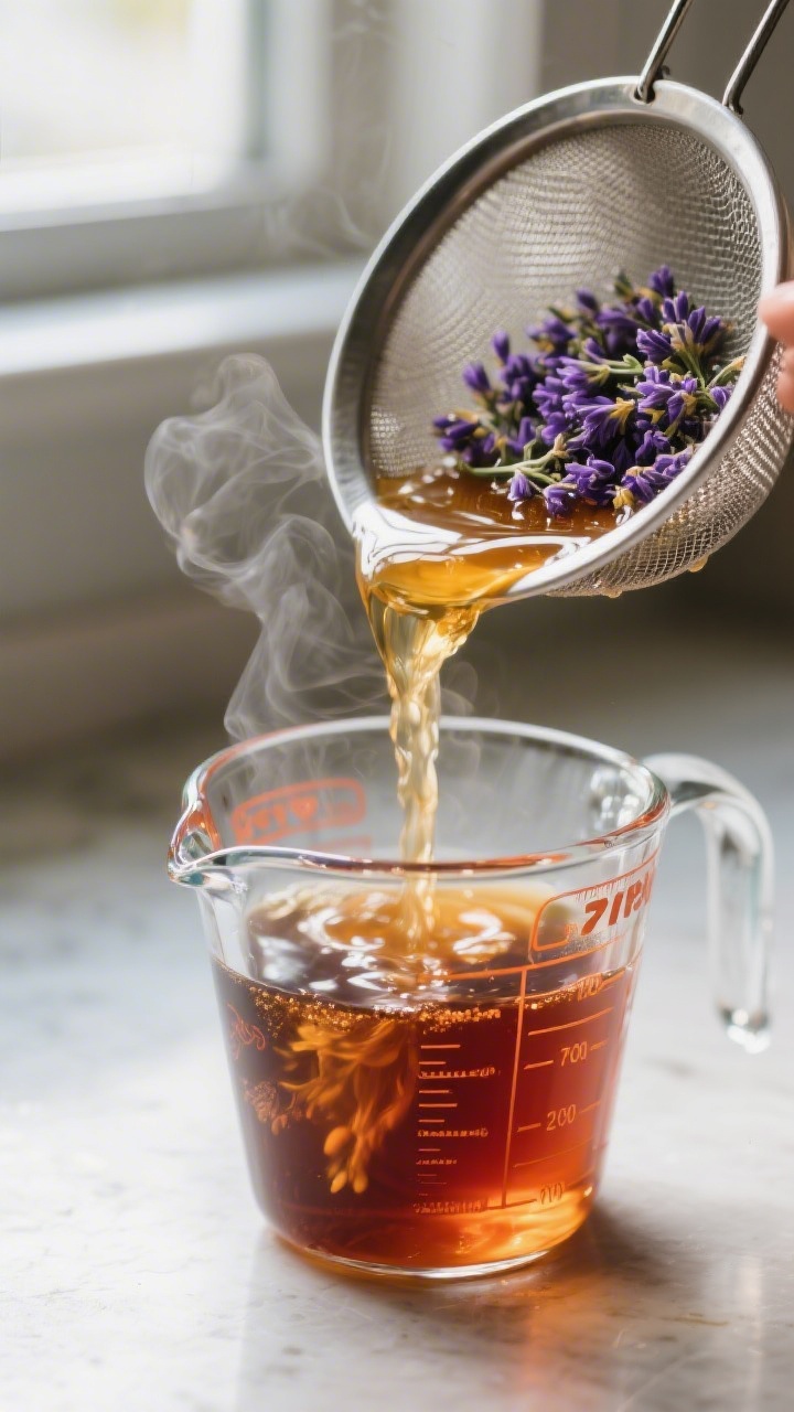 Close-up detail: Warm tea concentrate being poured through a fine strainer into a glass measuring cu