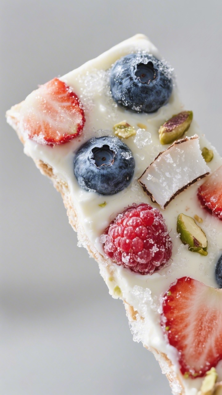 Close-up macro detail of frozen yogurt berry bark just out of the freezer, a shard lifted and angled