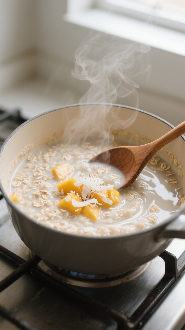 Cooking process: A medium saucepan of creamy mango coconut oatmeal simmering gently on low heat, oat