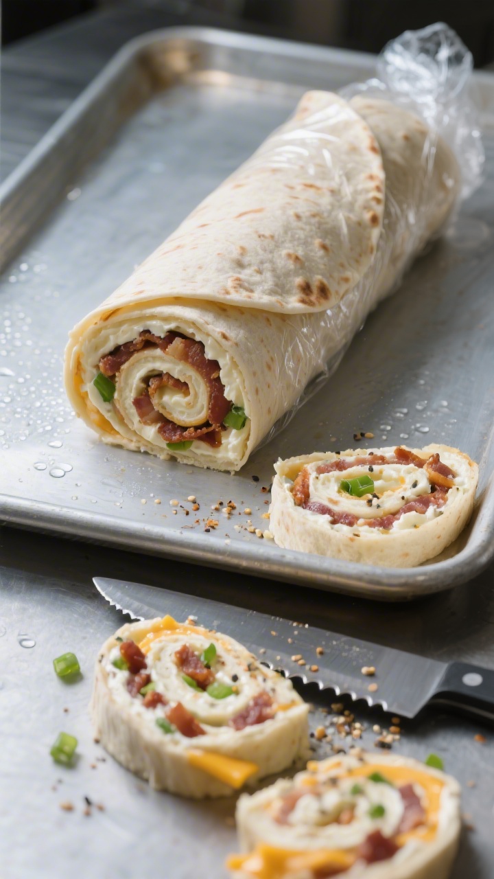 Cooking process: A rolled, plastic-wrapped tortilla log of Maple Bacon Cream Cheese Pinwheels restin