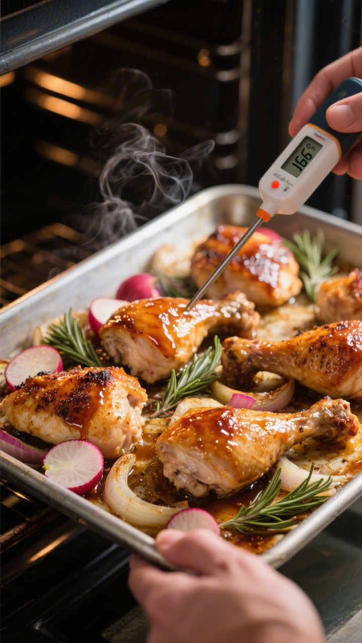 Cooking process action shot (no hands): sheet pan pulled halfway from the oven at the mid-roast stag