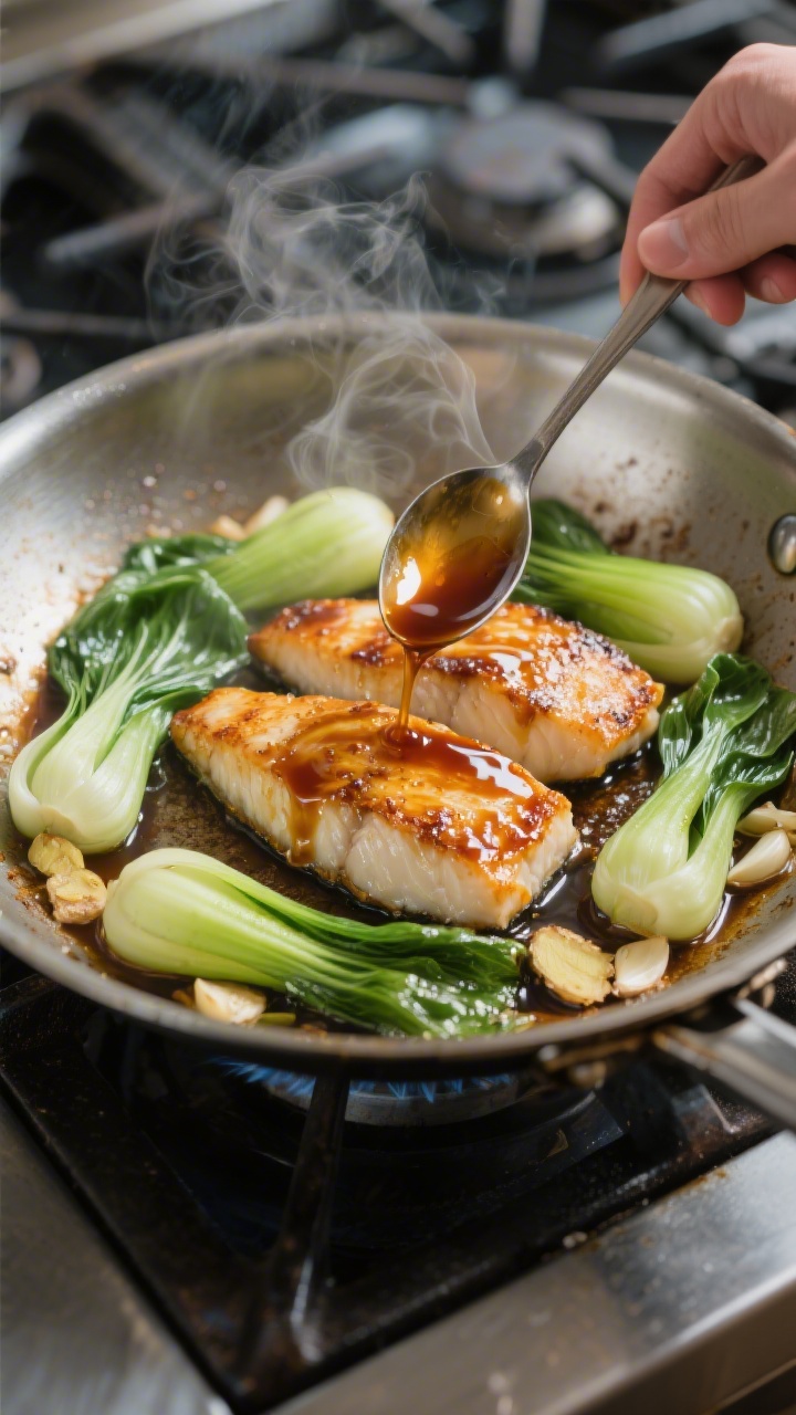 Cooking process: Action shot of bok choy being quick-cooked in the same stainless skillet—cut side