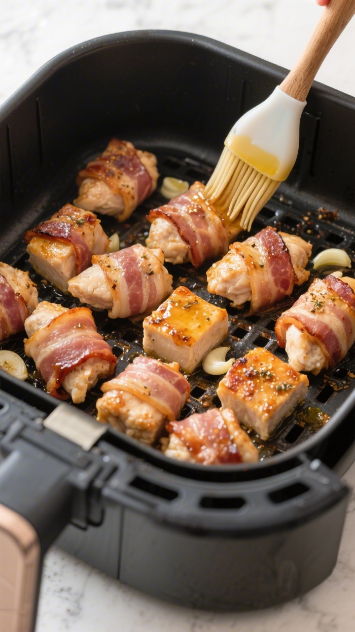 Cooking process: Air fryer basket filled with a single, well-spaced layer of bacon-wrapped chicken b