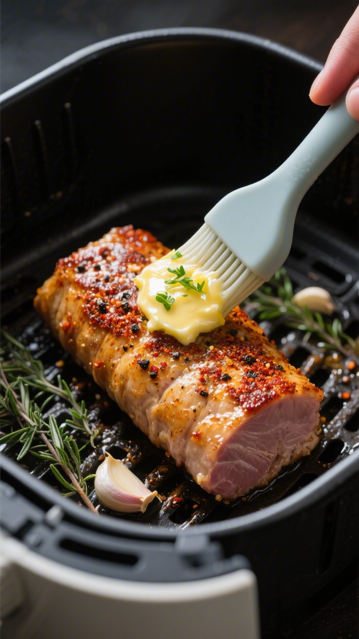 Cooking process: Air fryer basket open with a golden-browned pork tenderloin mid-cook after flipping