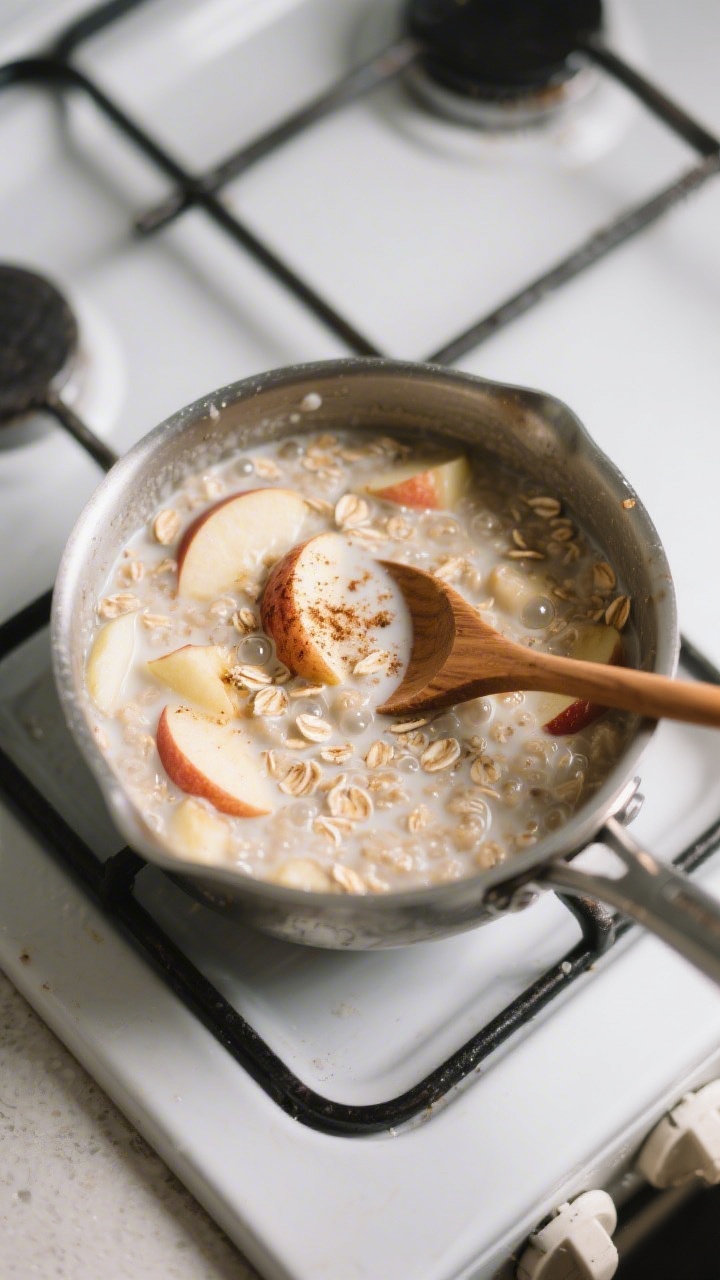 Cooking process: Apple cinnamon oatmeal simmering in a medium saucepan on the stovetop, overhead ang