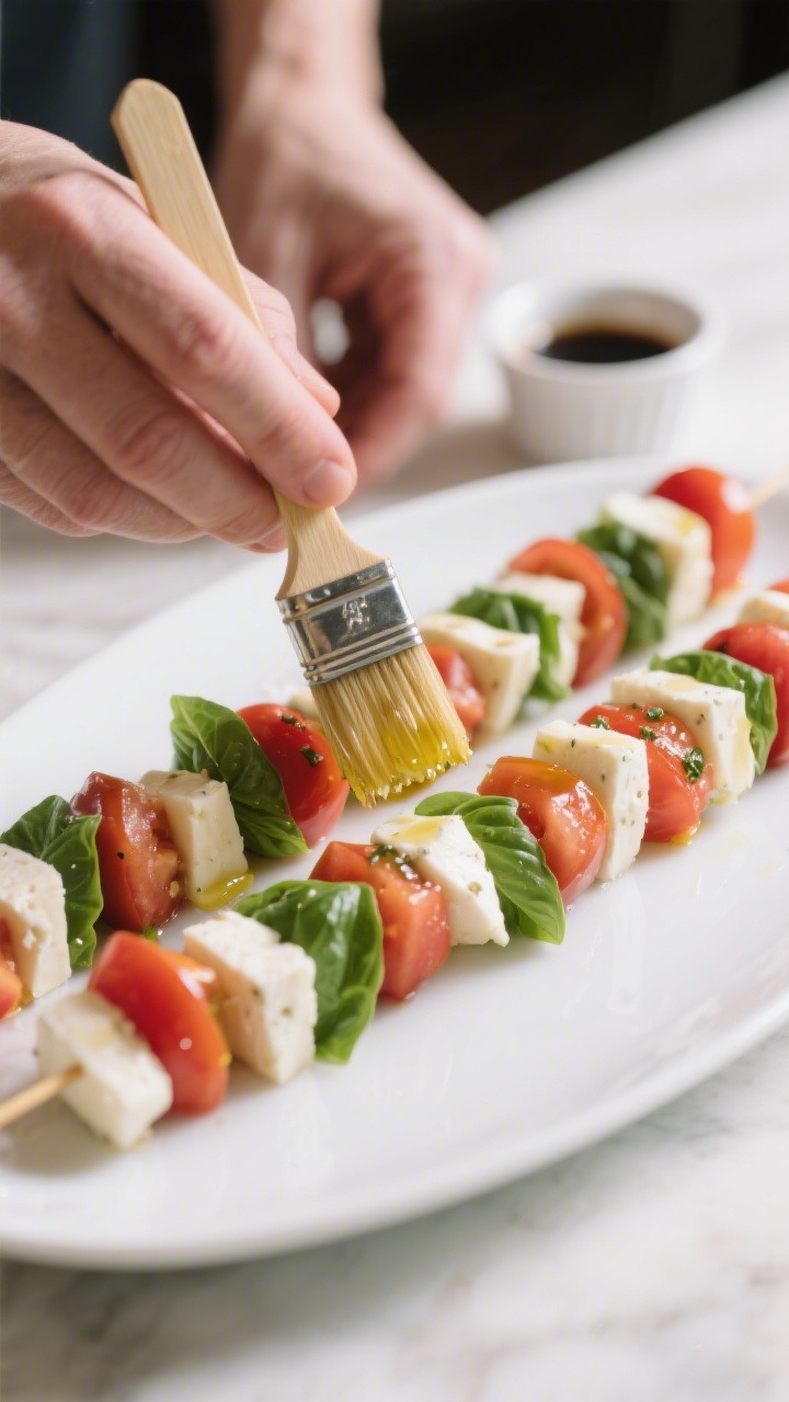 Cooking process: Assembled Caprese salad skewers being arranged in tidy rows on a white platter, a t