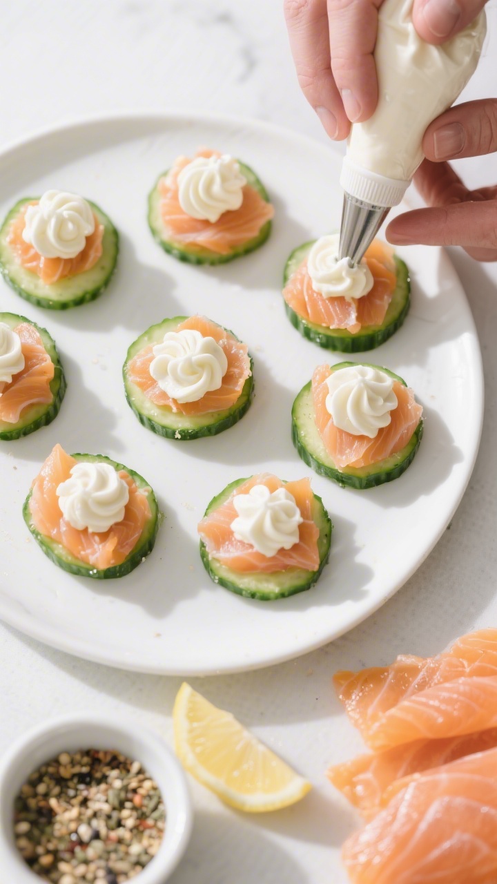Cooking process: Assembly in progress of Keto Smoked Salmon Cucumber Bites—neatly arranged, patted
