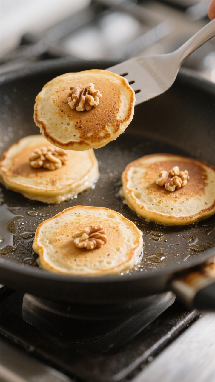 Cooking process — Banana Walnut Protein Pancakes mid-cook: close-up of three small pancakes on a p