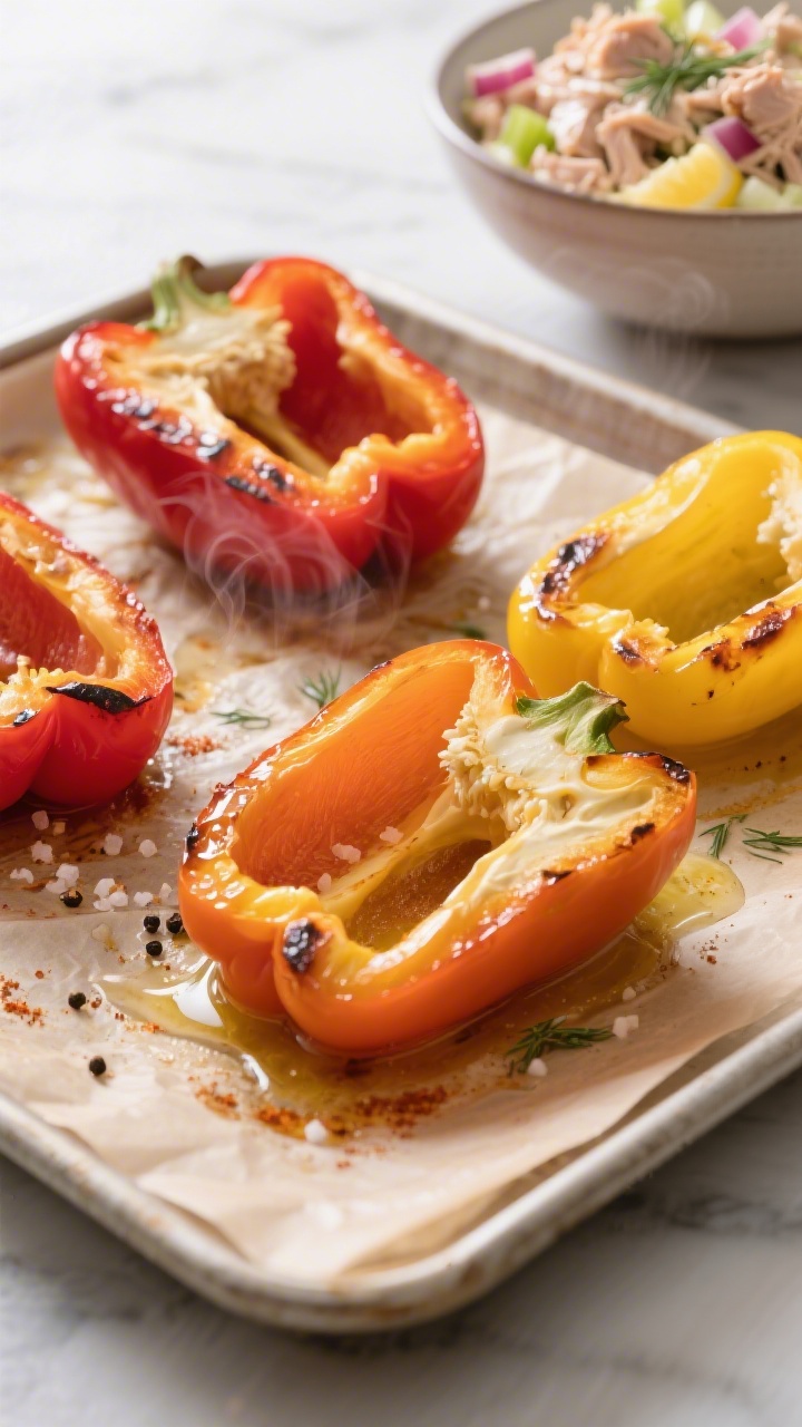 Cooking process – Bell peppers being baked: Halved red and yellow bell peppers on a parchment-line
