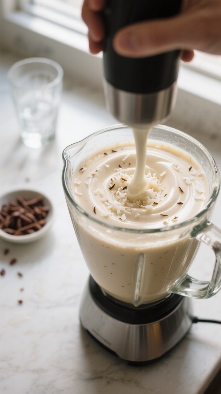 Cooking process — Blender action: A high-speed blender mid-blend with a glossy, thick coconut bana