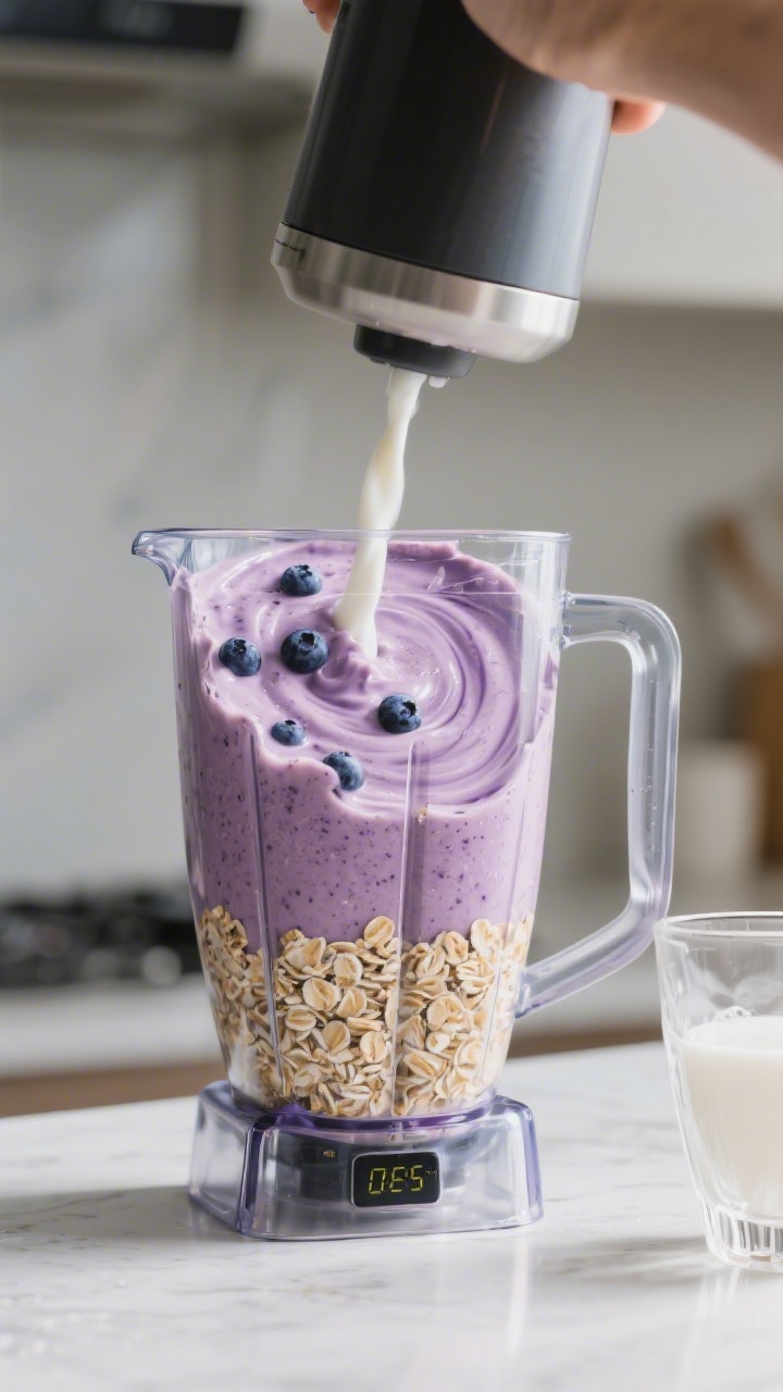 Cooking process: Blender jar loaded and midway blending a Blueberry Oat Smoothie after oats have soa