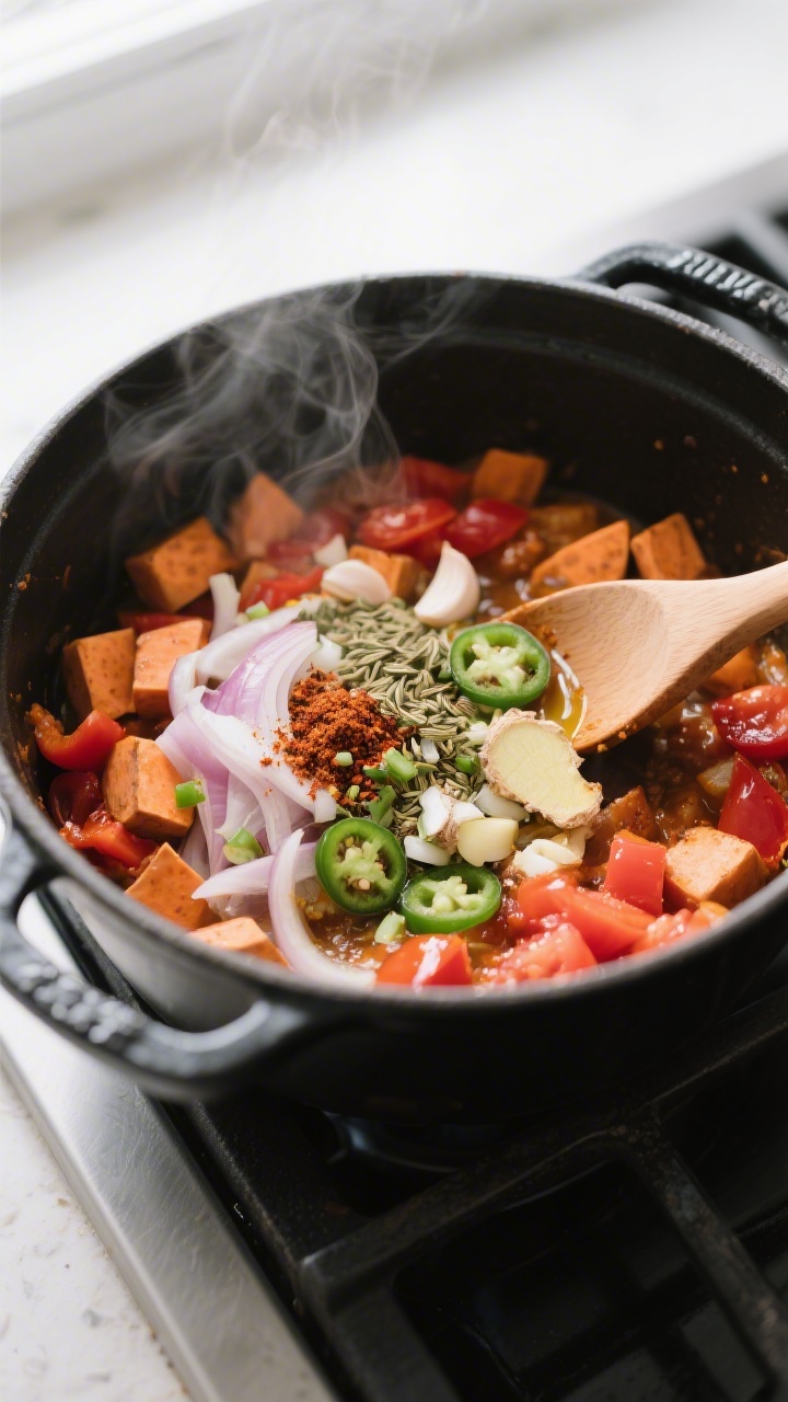 Cooking process — Blooming spices and base build: Overhead shot of a wide, matte-black Dutch oven