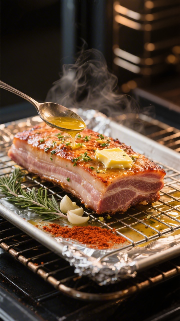Cooking process: Butter-roasted pork belly on a wire rack over a foil-lined sheet pan mid-cook, skin
