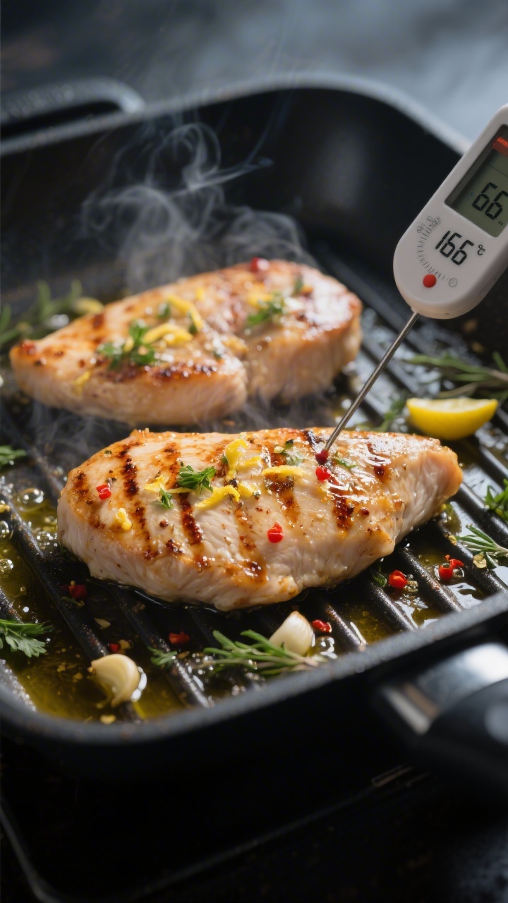 Cooking process: Chicken cutlets sizzling on a preheated grill pan, medium-high heat, clean oiled gr