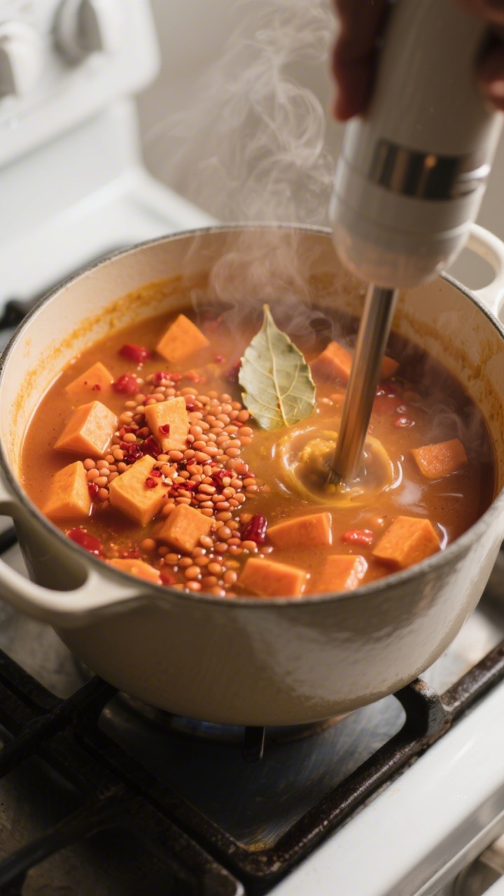 Cooking process close-up: A large Dutch oven on the stovetop with the soup at a gentle simmer, showi