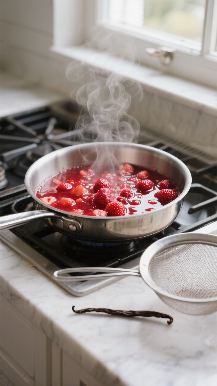 Cooking process close-up: A small saucepan at a gentle simmer with deeply red strawberry syrup in mi