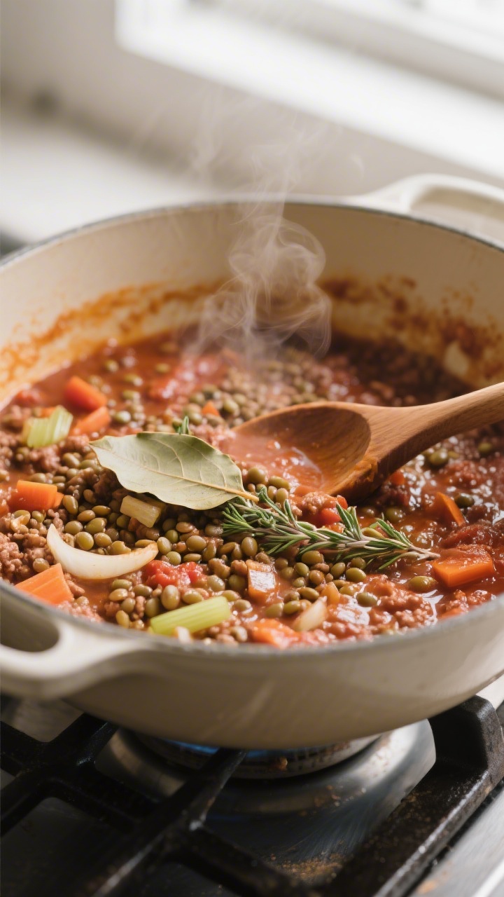 Cooking process close-up: A wide, shallow Dutch oven on the stovetop with lentil bolognese gently si