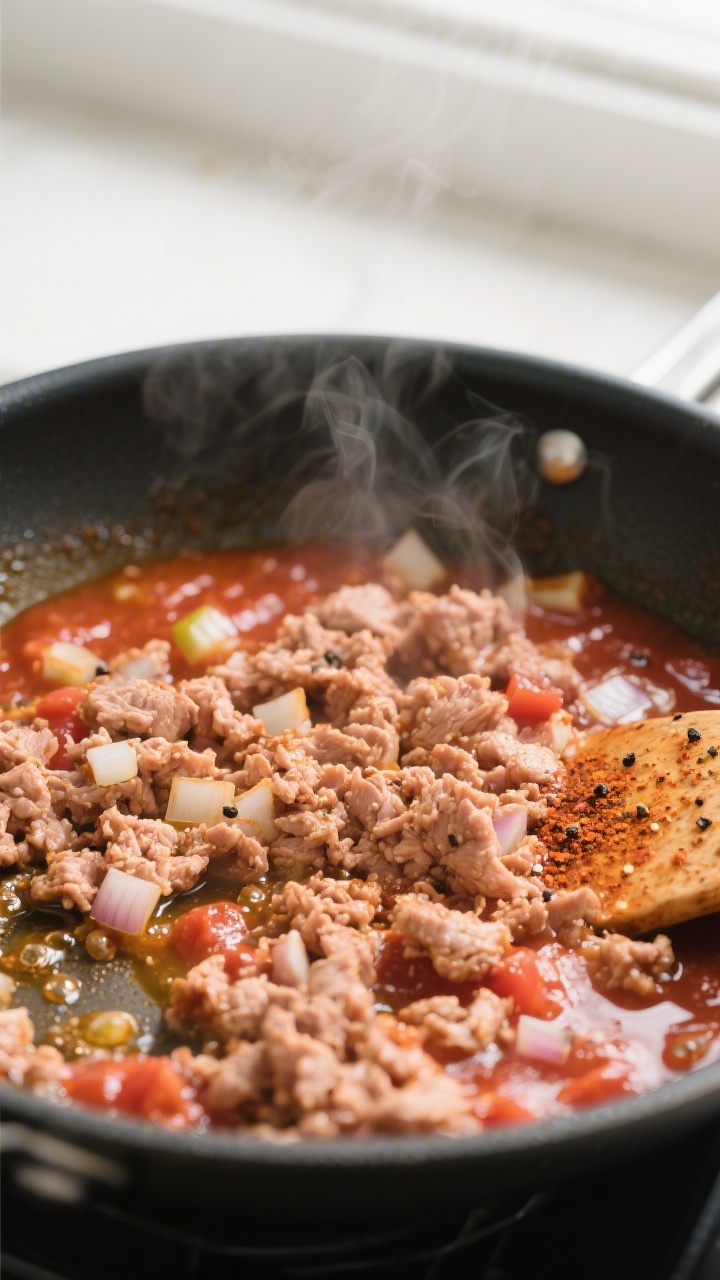 Cooking process close-up: Browning ground turkey in a wide stainless skillet with softened diced oni