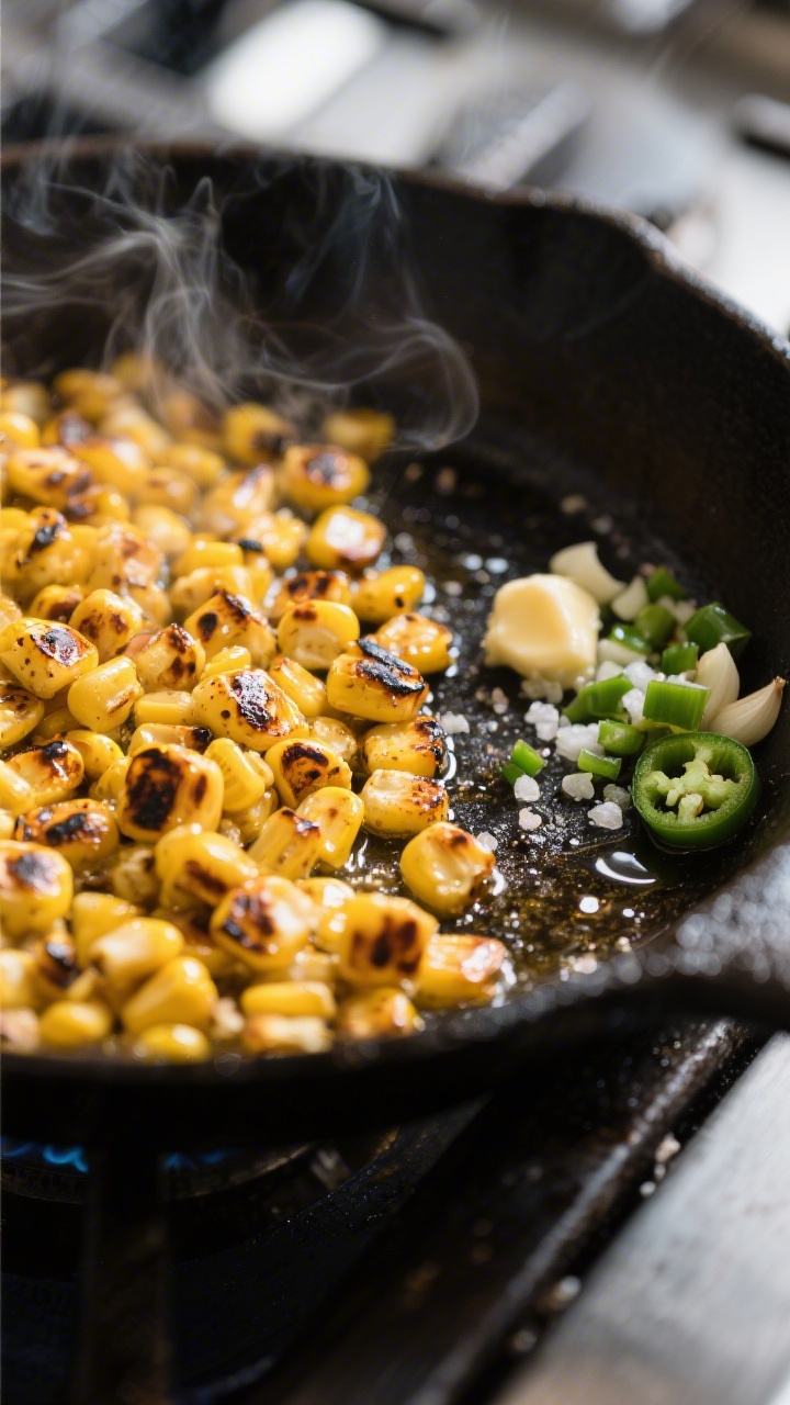 Cooking process close-up: Charred corn kernels sizzling in a cast-iron skillet over high heat, golde
