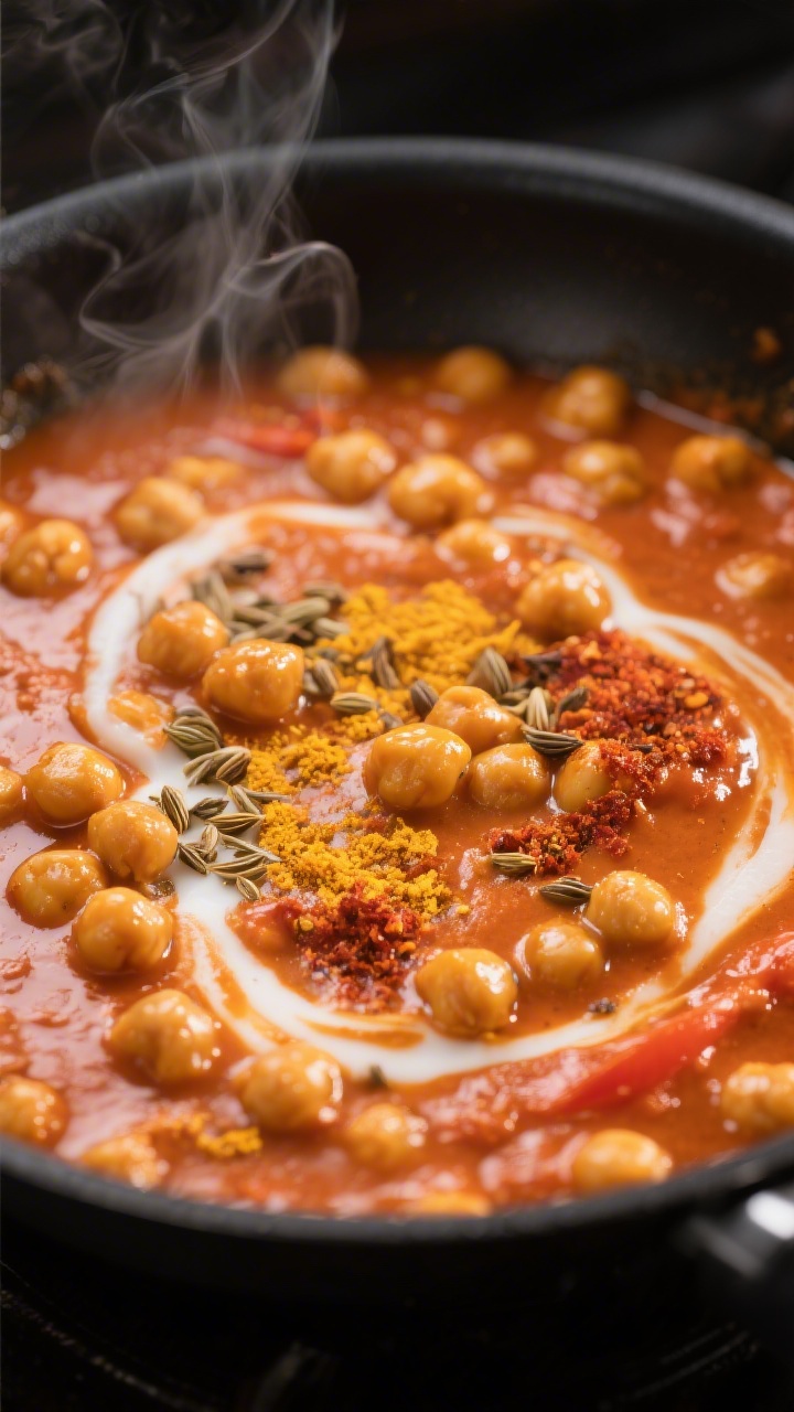 Cooking process close-up: Chickpeas simmering in a silky, deep-orange tomato-coconut gravy as spices