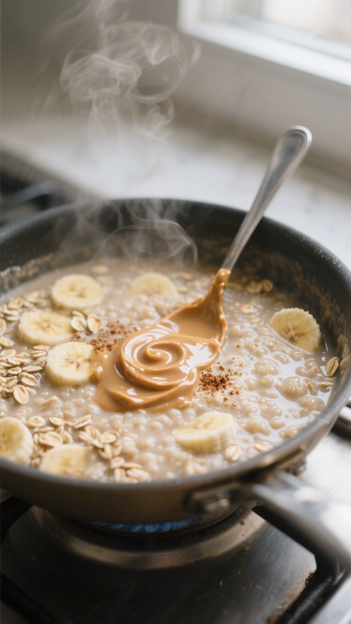 Cooking process close-up: Creamy banana peanut butter oatmeal simmering in a medium saucepan, oats v