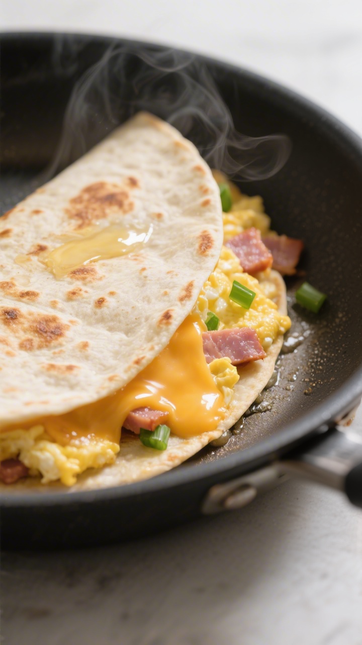 Cooking process, close-up detail: Close-up of a breakfast quesadilla in a nonstick skillet mid-cook,