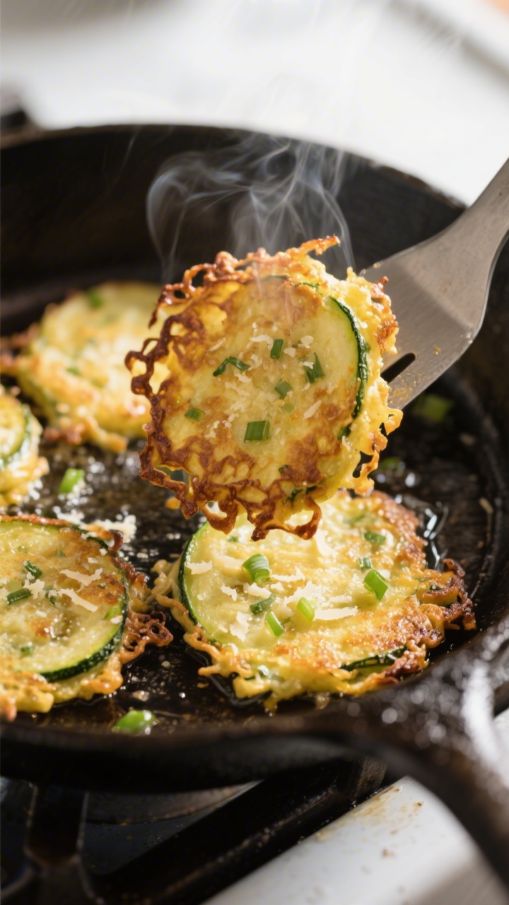 Cooking process, close-up detail: Golden zucchini fritters sizzling in a cast-iron skillet, edges cr