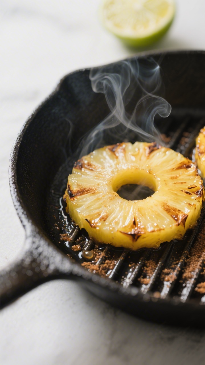 Cooking process, close-up detail: Juicy pineapple rings sizzling on a hot cast-iron grill pan, light