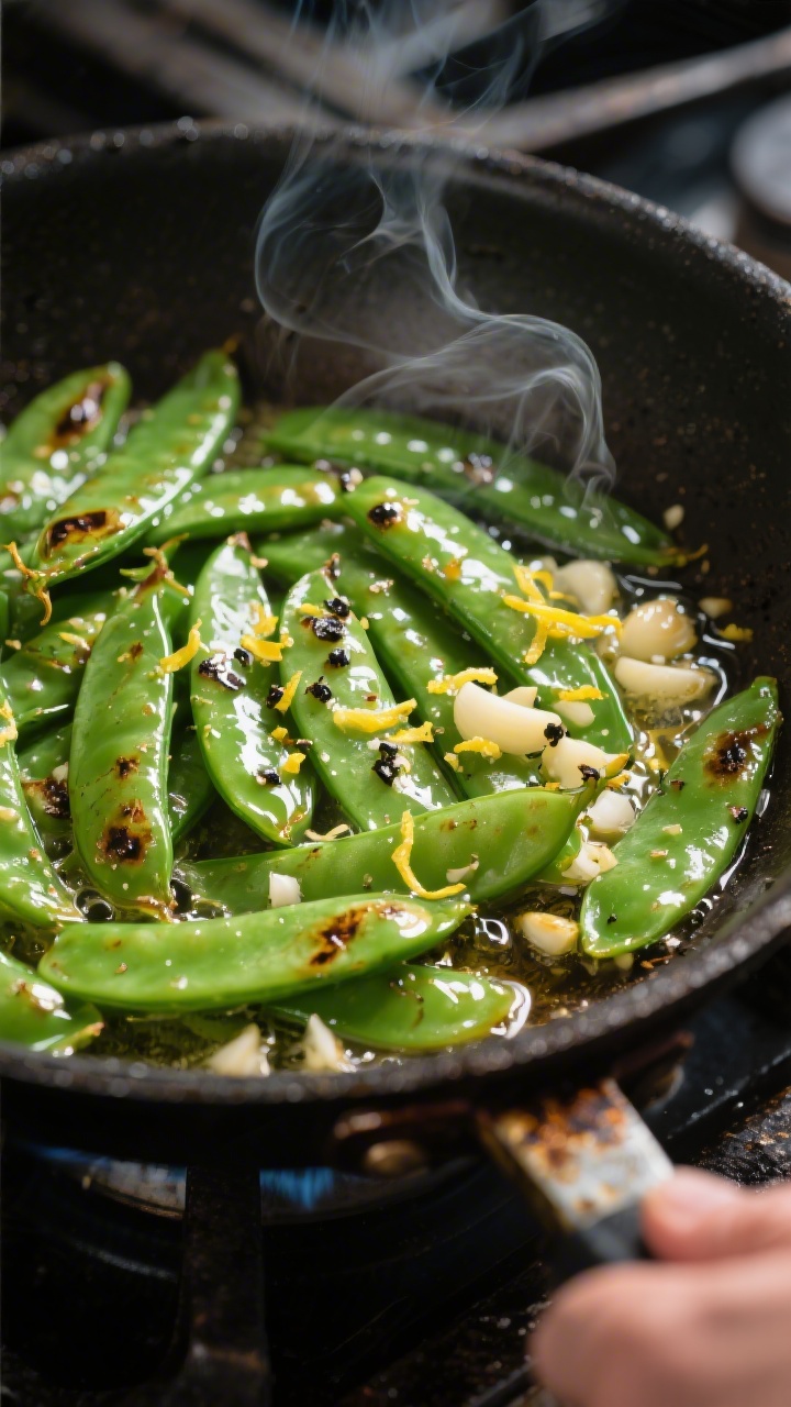 Cooking process, close-up detail: Sautéed sugar snap peas sizzling in a hot skillet, vivid bright-g