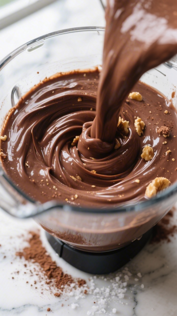 Cooking process, close-up detail: Thick chocolate banana smoothie mid-blend in a high-speed blender,
