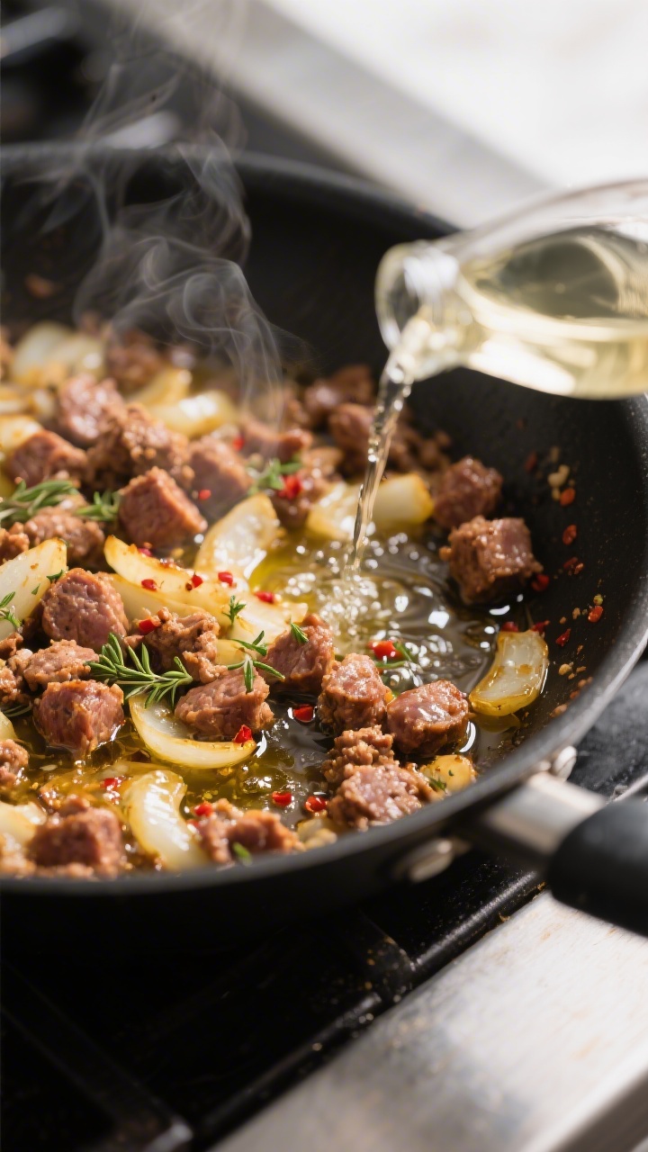 Cooking process close-up: Italian sausage crumbles sizzling in a wide black skillet with softened go