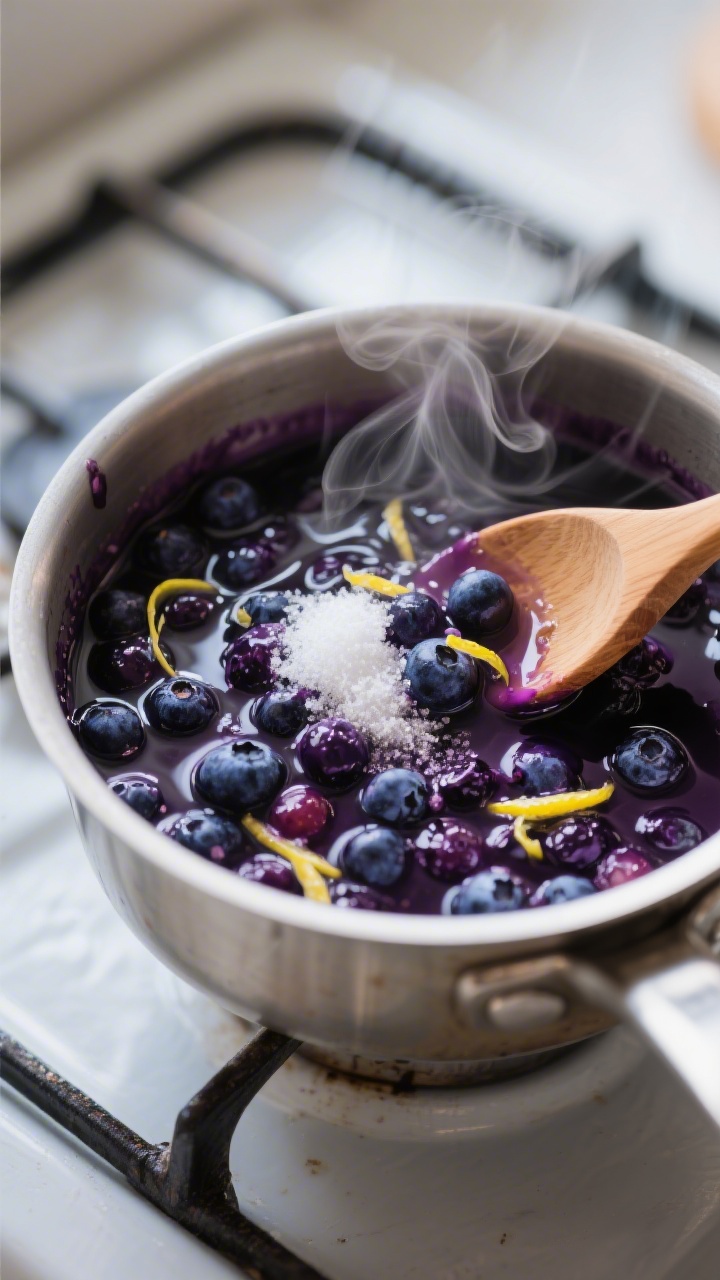 Cooking process close-up: Jammy blueberry sauce simmering in a small saucepan, berries bursting with