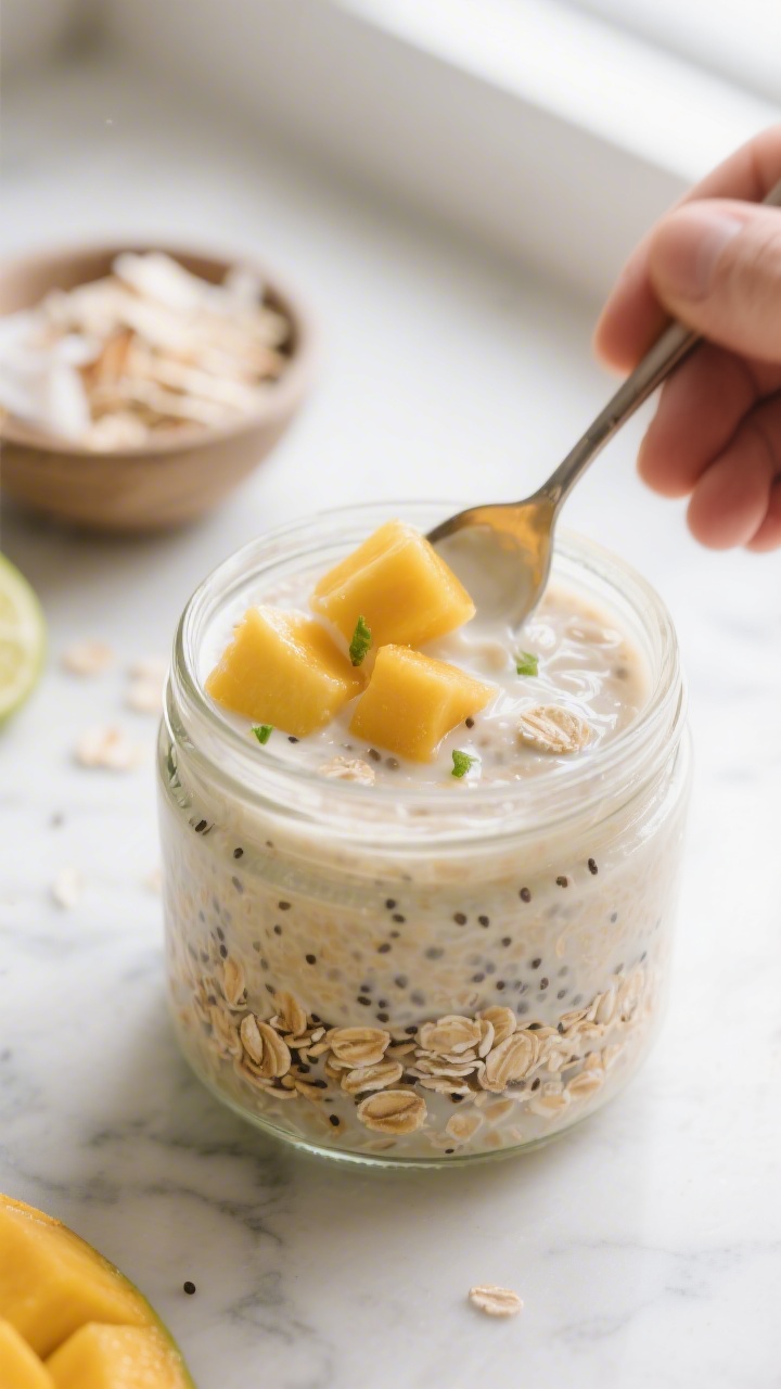 Cooking process – Close-up of creamy mango overnight oats mixture being stirred in a clear 16-oz j