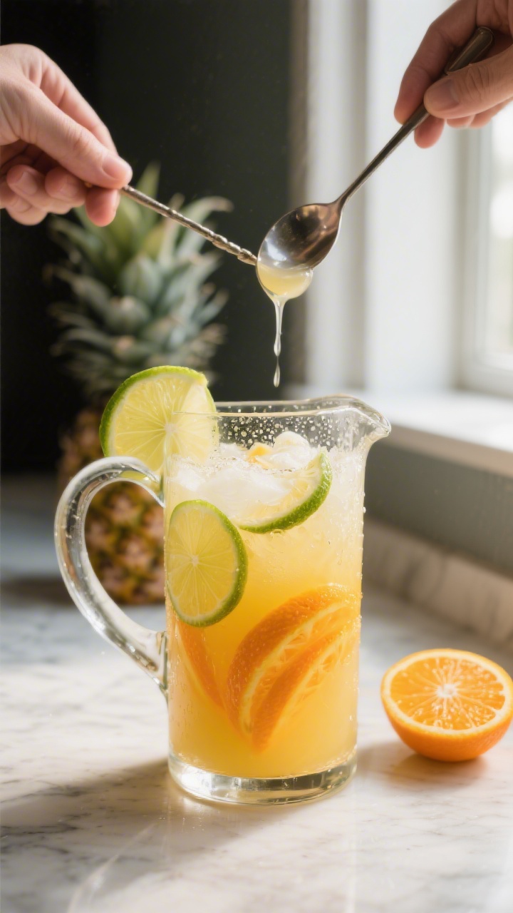 Cooking process: Close-up of pineapple rum punch base being stirred in a clear glass pitcher—golde