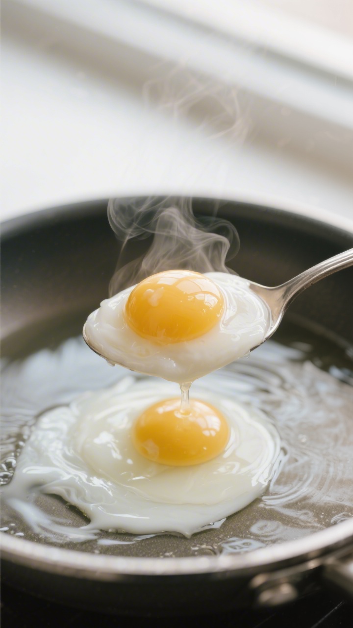 Cooking process close-up: Poached eggs gently swirling in a wide, shallow pot of barely simmering wa