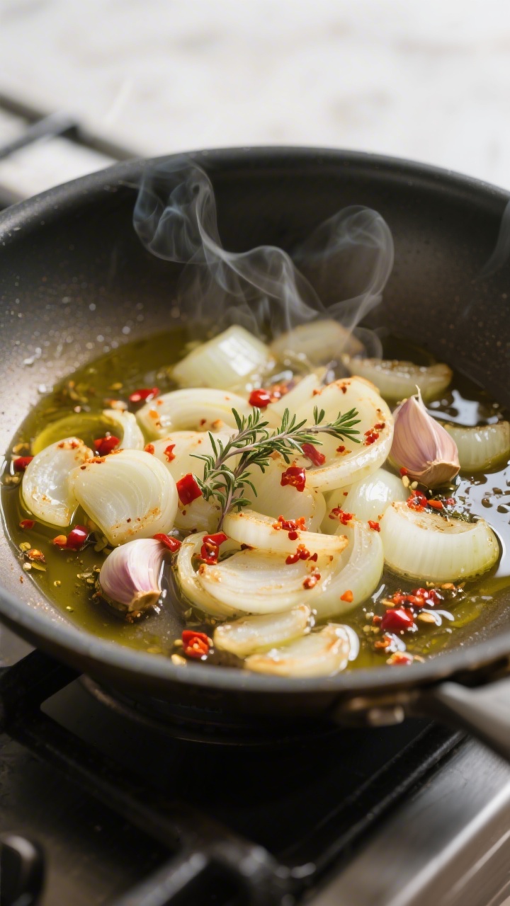 Cooking process close-up: Sautéed onion and garlic with red pepper flakes, dried oregano, and a hin