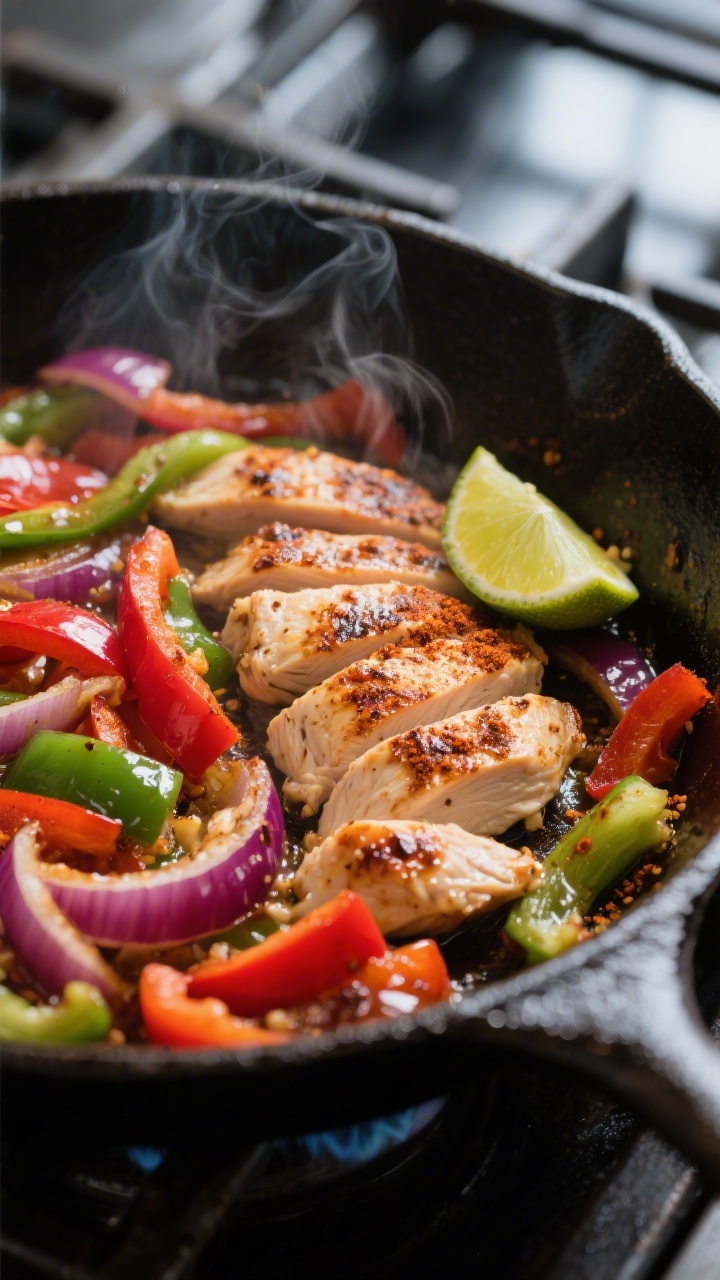 Cooking process close-up: Sizzling chicken fajitas in a large cast-iron skillet, thin-sliced chicken